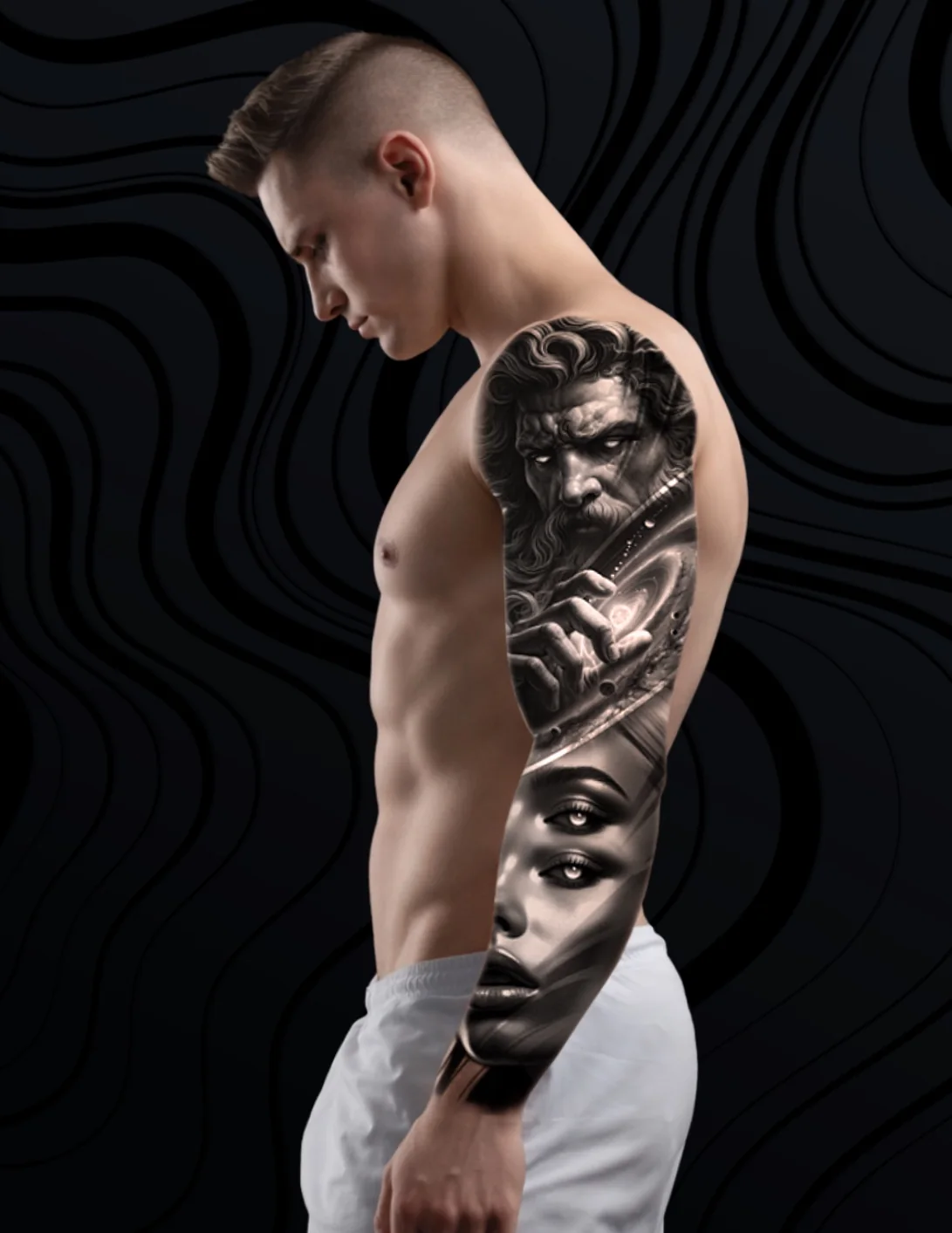 Diseño II: dios griego, galaxia y rostro de mujer en realismo black and grey, cara externa del brazo